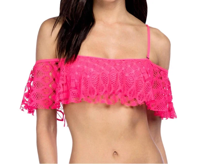 Crochet Off Shoulder Bandeau Bikini Top In Pink