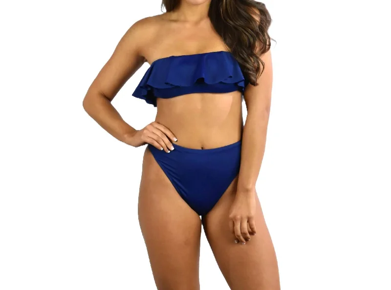 Solid Ruffle Bandeau Bikini Top In Navy