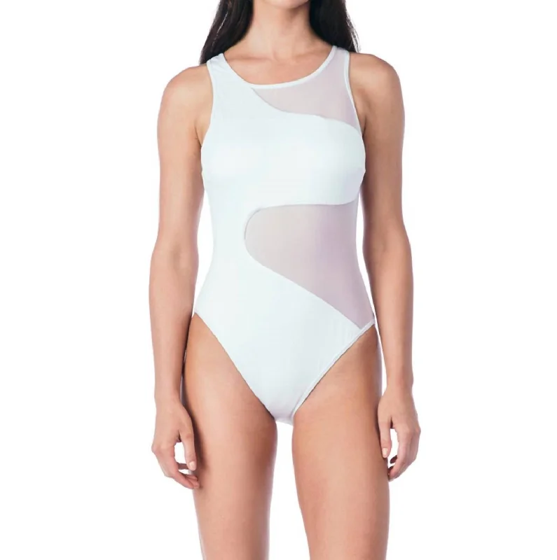 All Meshed Up Mesh High Neck One Piece Swimsuit In Solid White