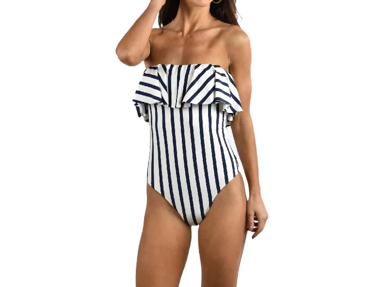 Stripe Ruffle Top One Piece In Ivory/navy