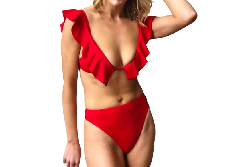 Solid Ruffle Pinafore Bikini Top In Red