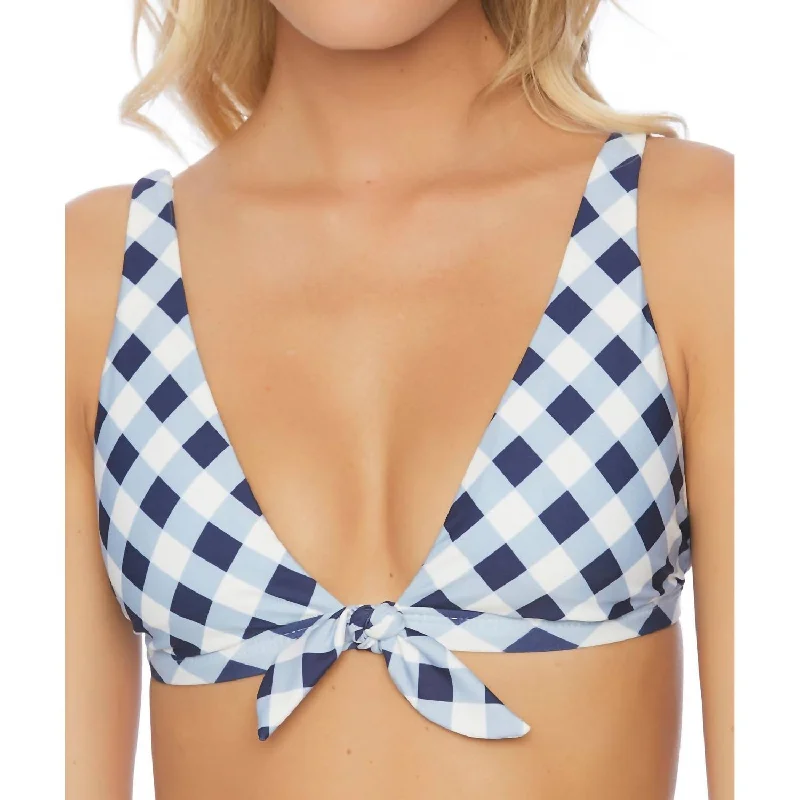 Breaking Plaid Front Tie Bikini Top In Breaking Plaid Navy