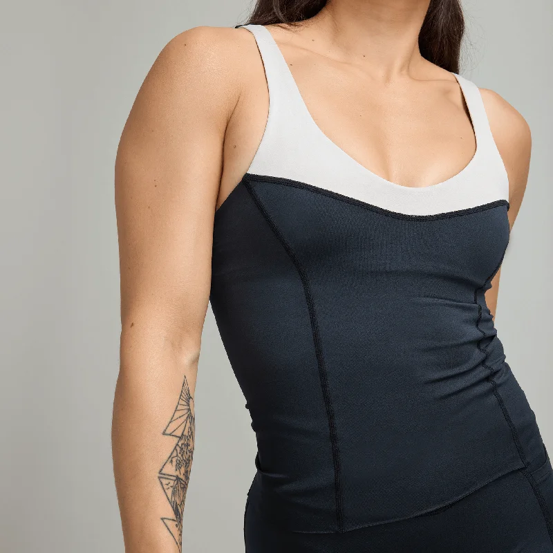 CLQ Panelled V Neck Tank - Black and Bone