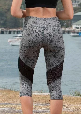 Printed Crop Legging with Mesh Panel - Charcoal Floral