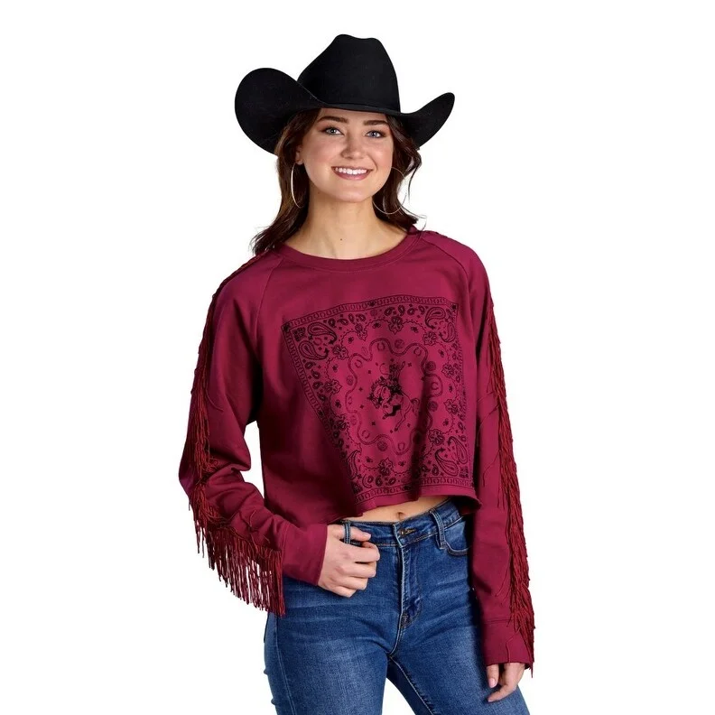 Roper Western Sweatshirt Womens Fleece Fringe Wine 03-098-0513-0116 WI