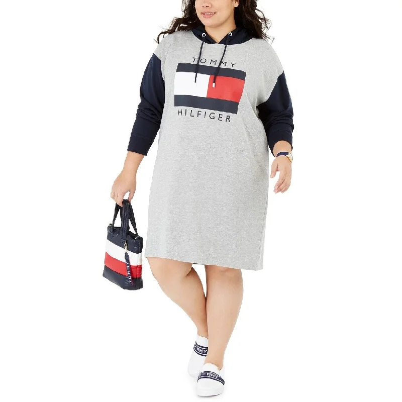 Tommy Hilfiger Women's Colorblocked Hoodie Sweatshirt Dress Grey Size 1X