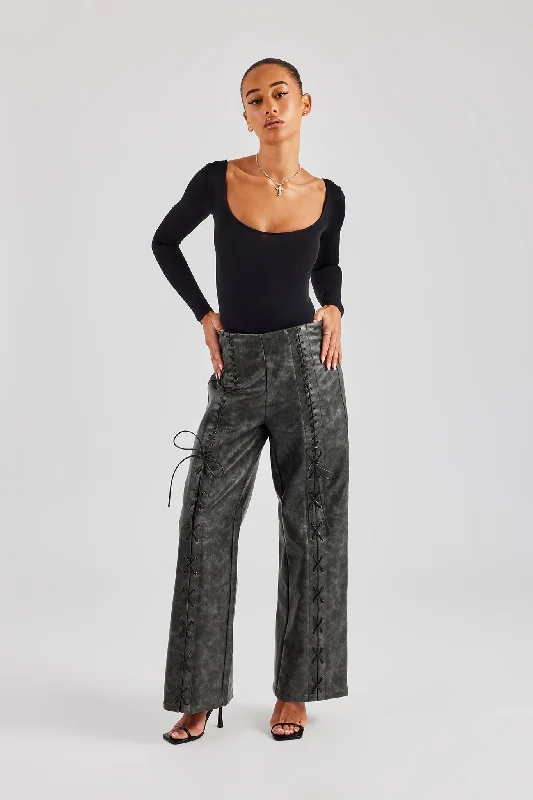 Washed PU Lace Up Detail Trouser - Charcoal